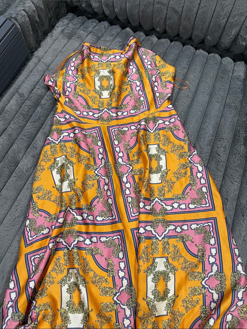 Aakaa Pink & Mustard Yellow Baroque-Print Satin Midi Dress